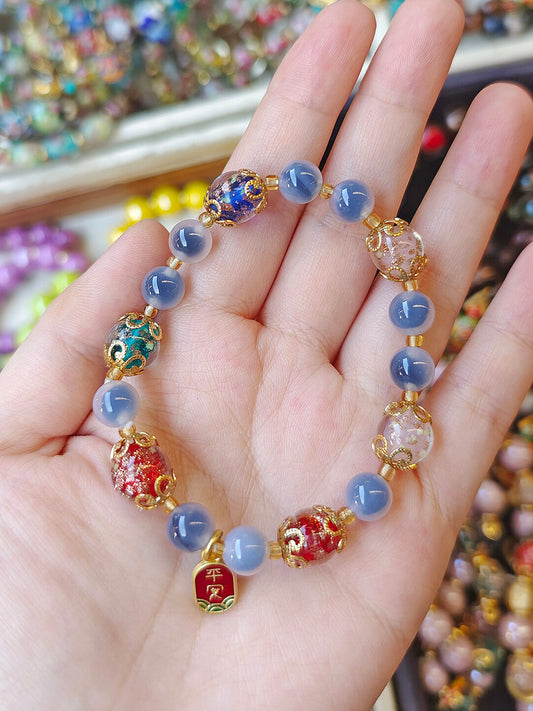 Gold Foil Liuli Glass Luminous Candy Heart Agate Bracelet | Temple Style Semi-Sugar Design | New Chinese Zen Jewelry with Family Charm