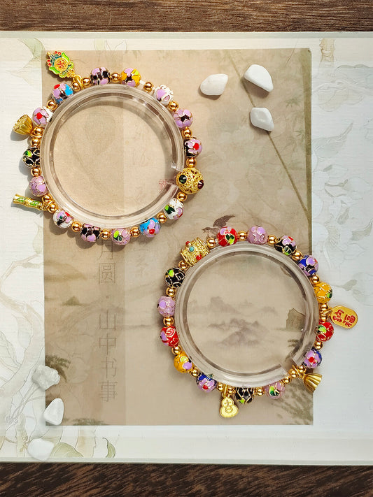 Traditional Beijing Temple Cloisonné Bracelet, 6mm Multicolor "Myriad Flowers" Beads, Copper Base New Chinese Style, Vintage Ethnic Jewelry