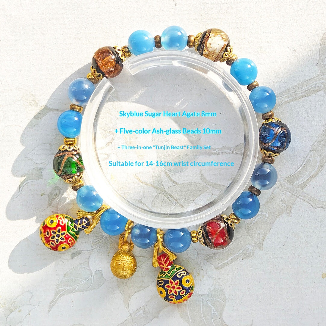 Gold Foil Liuli Glass Luminous Candy Heart Agate Bracelet | Temple Style Semi-Sugar Design | New Chinese Zen Jewelry with Family Charm