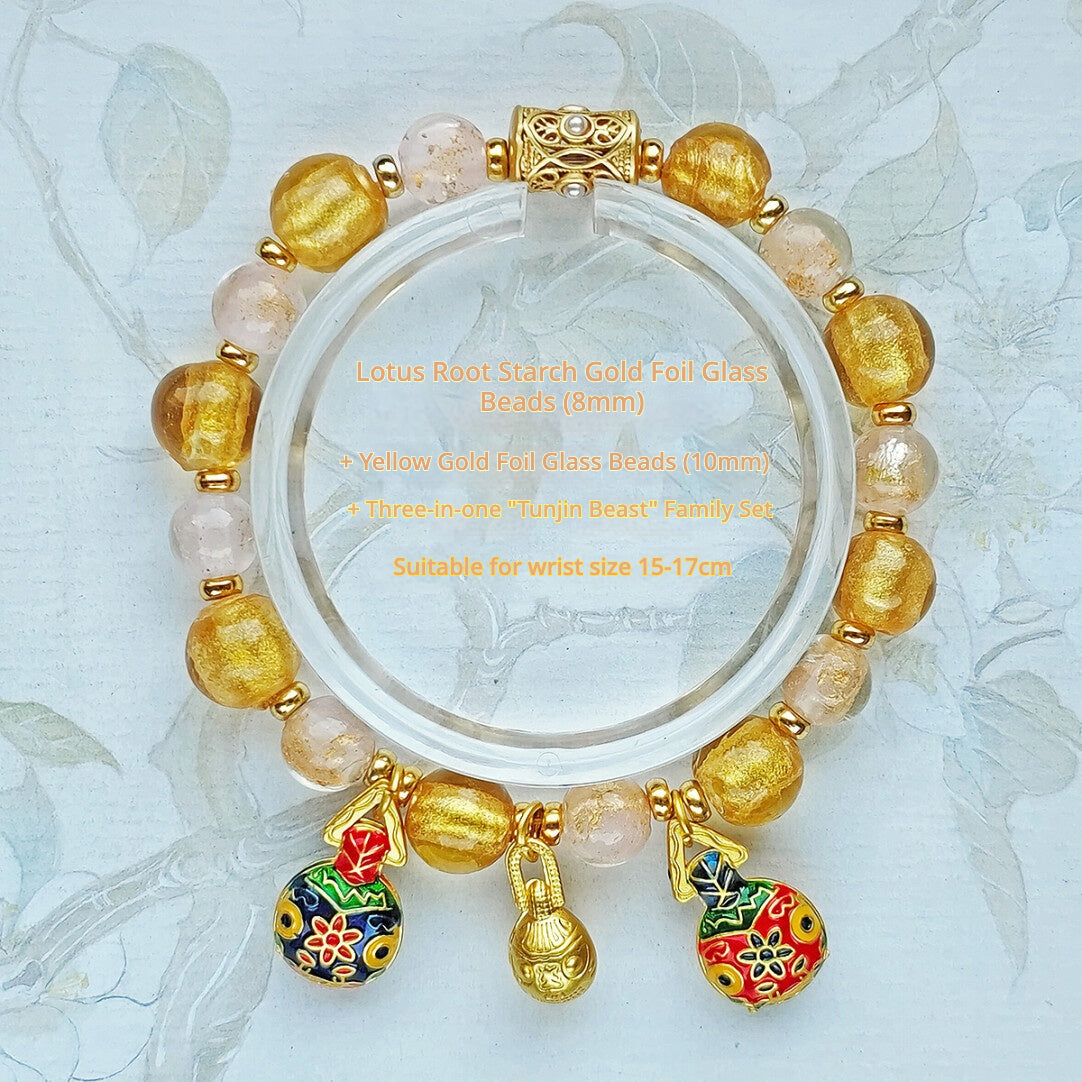 Beijing Temple Style Bracelet | Multi-Gem Gold Sand Glass & Amethyst | Five Blessings "Gold Swallowing Beast" | New Chinese Style
