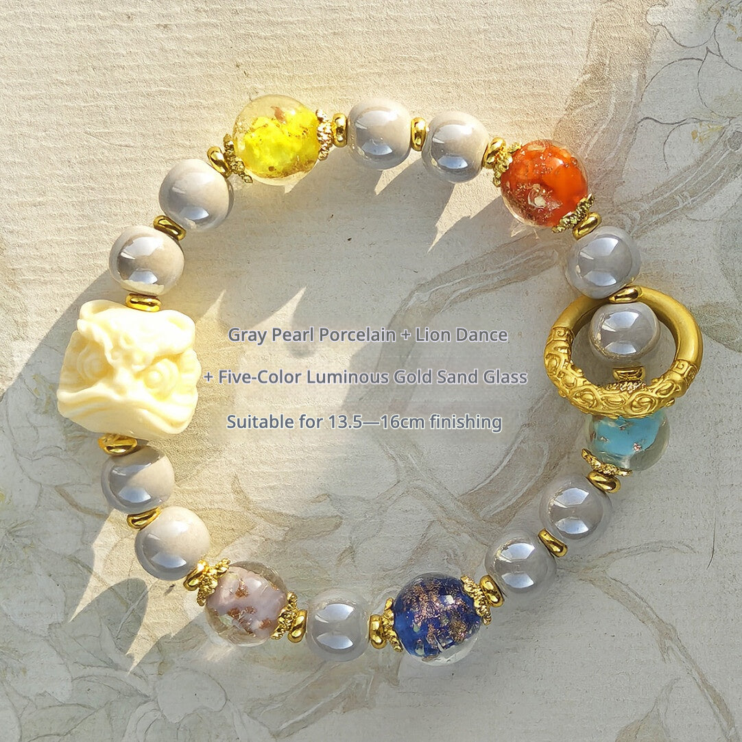 Panjiayuan Bracelet | Four-Color Gold Foil Glass & Light Blue Pearl Ceramic | Awakening Lion & Five Blessings Square Beads | New Chinese Style
