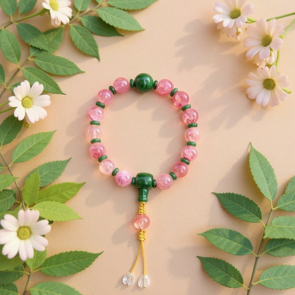 18-Bead Pink Chalcedony Bracelet | Temple-Inspired Design for Positive Energy & Romantic Charm
