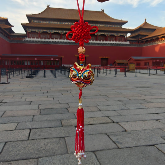 Palace-Inspired Lion Dance Car Hanging Ornament | Traditional Folk Art for Positive Energy & Good Fortune (Pink/Red)