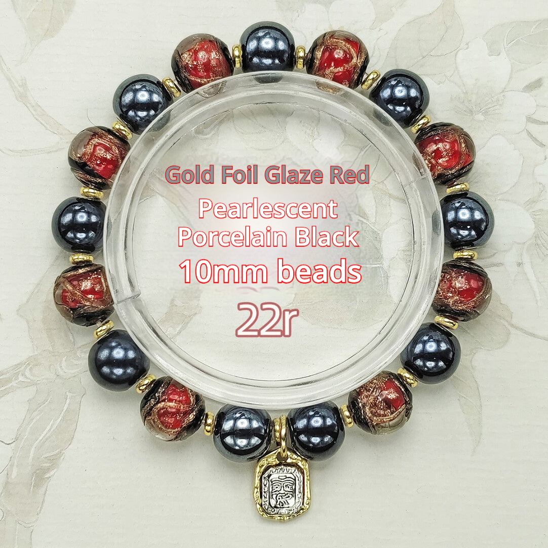 Beijing Temple Style Bracelet | Gold Sand Iridescent Ceramic & Blue Gold Foil Glass | Matte Black Porcelain Beads | Unisex Minimalist Design
