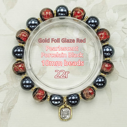 Beijing Temple Style Bracelet | Gold Sand Iridescent Ceramic & Blue Gold Foil Glass | Matte Black Porcelain Beads | Unisex Minimalist Design