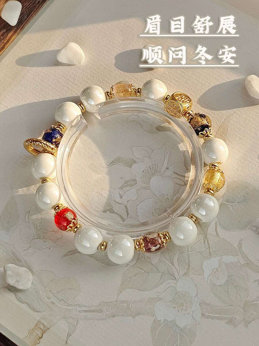 Panjiayuan Bracelet | Four-Color Gold Foil Glass & Light Blue Pearl Ceramic | Awakening Lion & Five Blessings Square Beads | New Chinese Style
