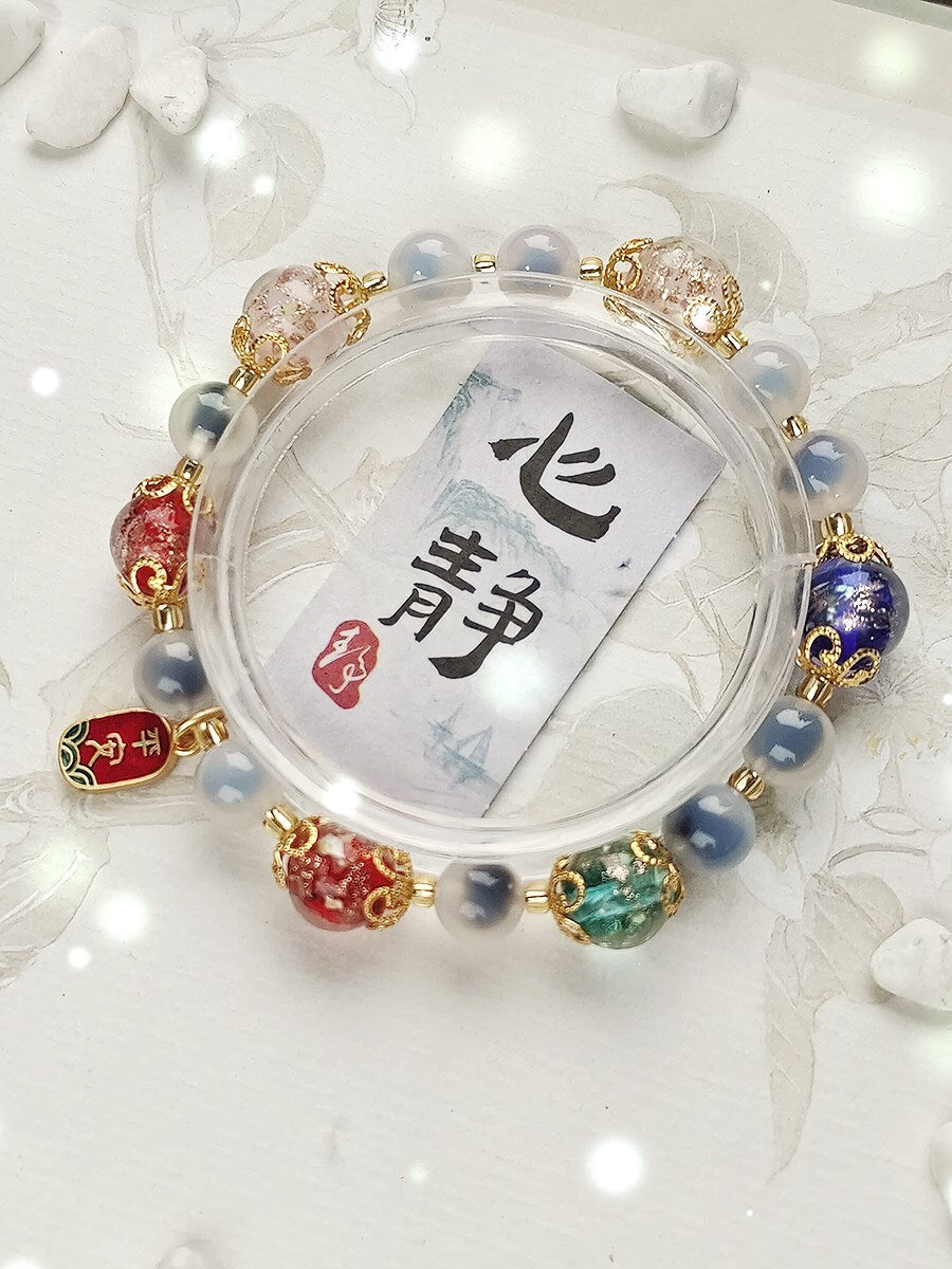 Gold Foil Liuli Glass Luminous Candy Heart Agate Bracelet | Temple Style Semi-Sugar Design | New Chinese Zen Jewelry with Family Charm