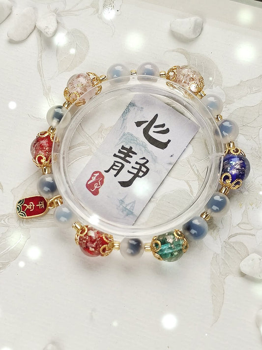 Gold Foil Liuli Glass Luminous Candy Heart Agate Bracelet | Temple Style Semi-Sugar Design | New Chinese Zen Jewelry with Family Charm