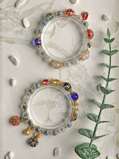 Gold Foil Liuli Glass Luminous Candy Heart Agate Bracelet | Temple Style Semi-Sugar Design | New Chinese Zen Jewelry with Family Charm