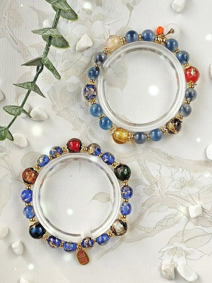 Gold Foil Liuli Glass Luminous Candy Heart Agate Bracelet | Temple Style Semi-Sugar Design | New Chinese Zen Jewelry with Family Charm