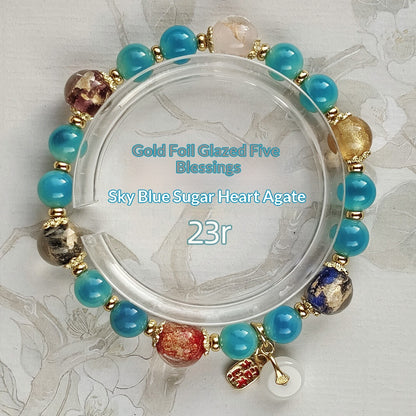Gold Foil Liuli Glass Luminous Candy Heart Agate Bracelet | Temple Style Semi-Sugar Design | New Chinese Zen Jewelry with Family Charm