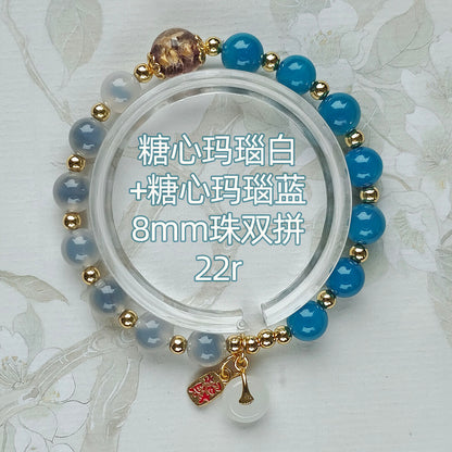 Gold Foil Liuli Glass Luminous Candy Heart Agate Bracelet | Temple Style Semi-Sugar Design | New Chinese Zen Jewelry with Family Charm
