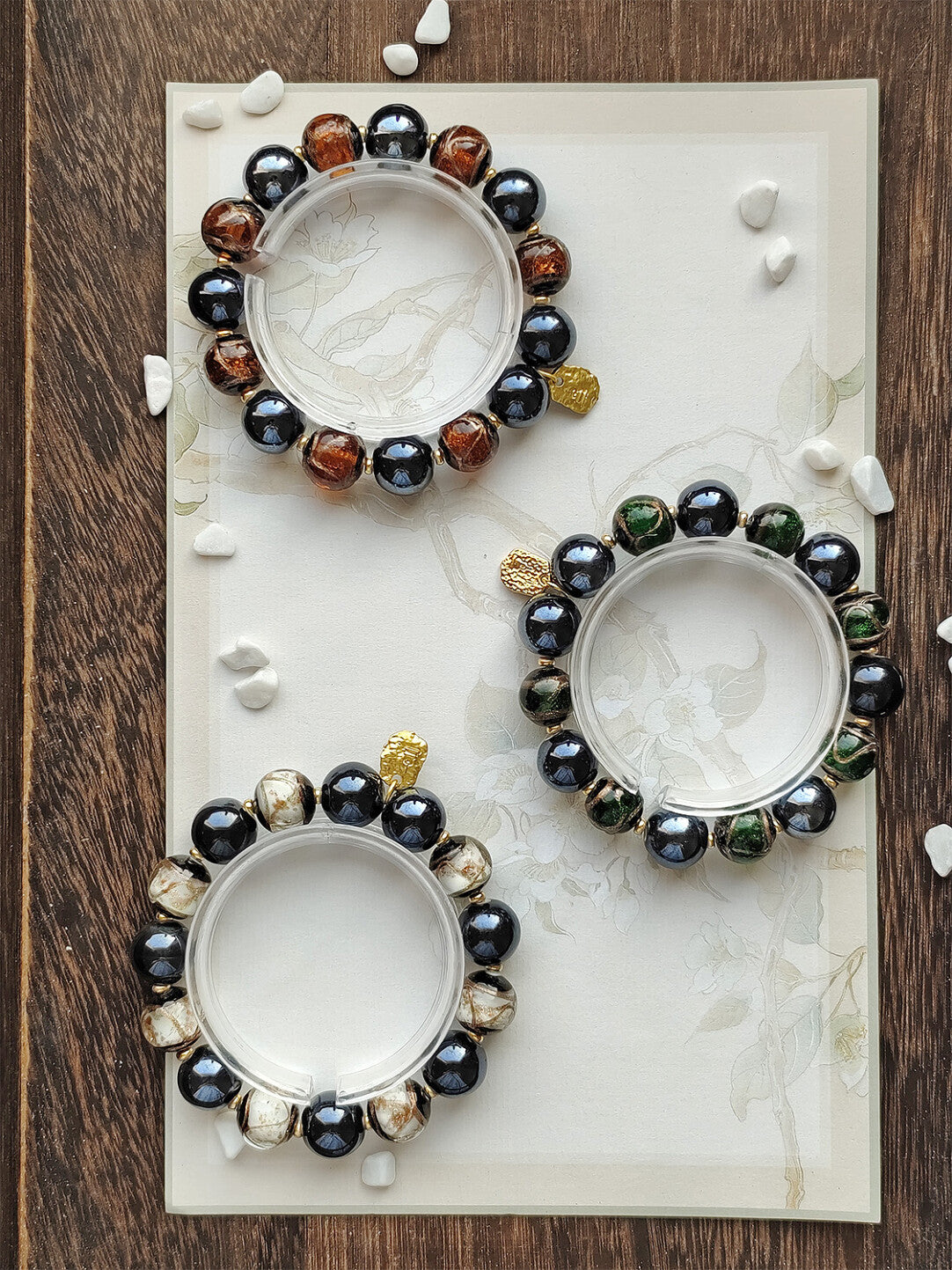 Beijing Temple Style Bracelet | Gold Sand Iridescent Ceramic & Blue Gold Foil Glass | Matte Black Porcelain Beads | Unisex Minimalist Design