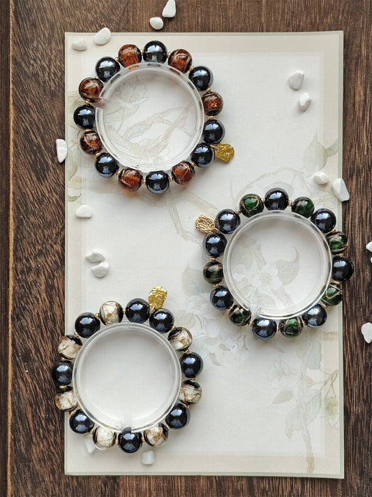 Beijing Temple Style Bracelet | Gold Sand Iridescent Ceramic & Blue Gold Foil Glass | Matte Black Porcelain Beads | Unisex Minimalist Design