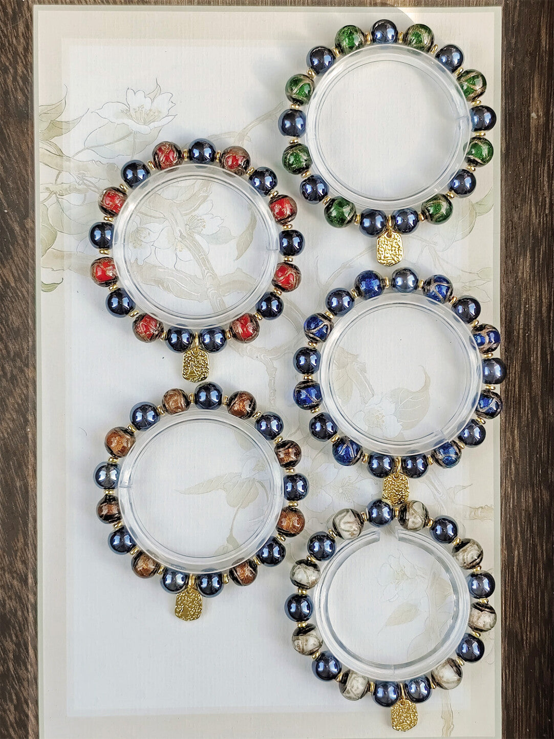 Beijing Temple Style Bracelet | Gold Sand Iridescent Ceramic & Blue Gold Foil Glass | Matte Black Porcelain Beads | Unisex Minimalist Design