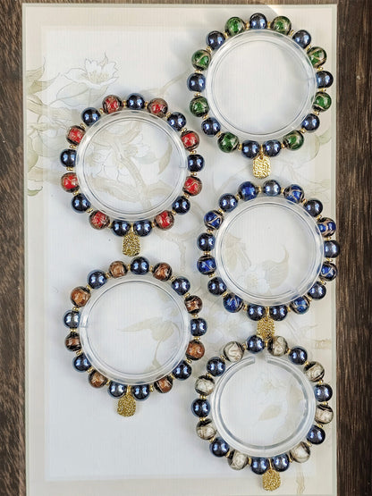 Beijing Temple Style Bracelet | Gold Sand Iridescent Ceramic & Blue Gold Foil Glass | Matte Black Porcelain Beads | Unisex Minimalist Design