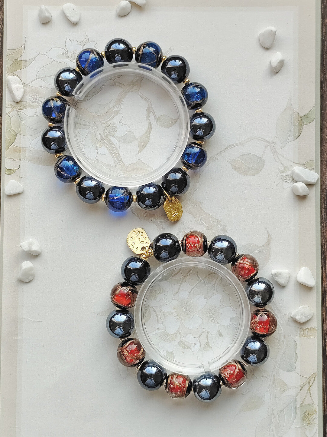 Beijing Temple Style Bracelet | Gold Sand Iridescent Ceramic & Blue Gold Foil Glass | Matte Black Porcelain Beads | Unisex Minimalist Design