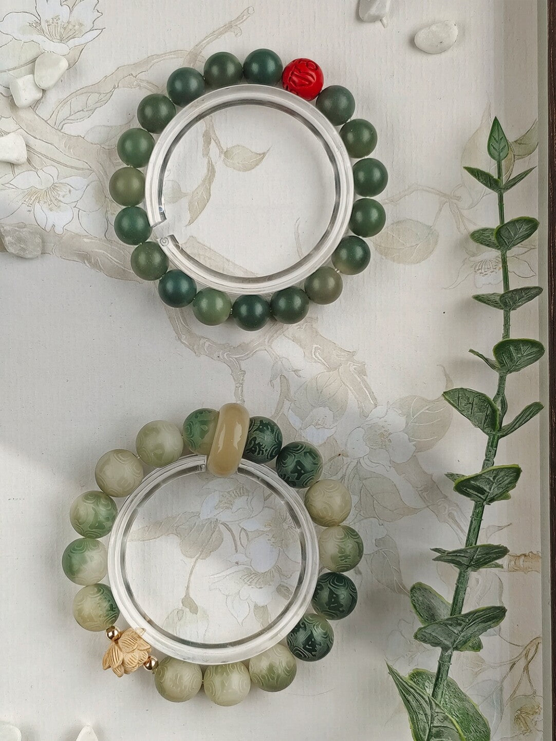 Charcoal Roasted Cat Paw Bodhi Root Bracelet | Green Floating Flower & Six-Word Mantra | Oil-Infused Caramel Mini Bun Design | Twilight Forest