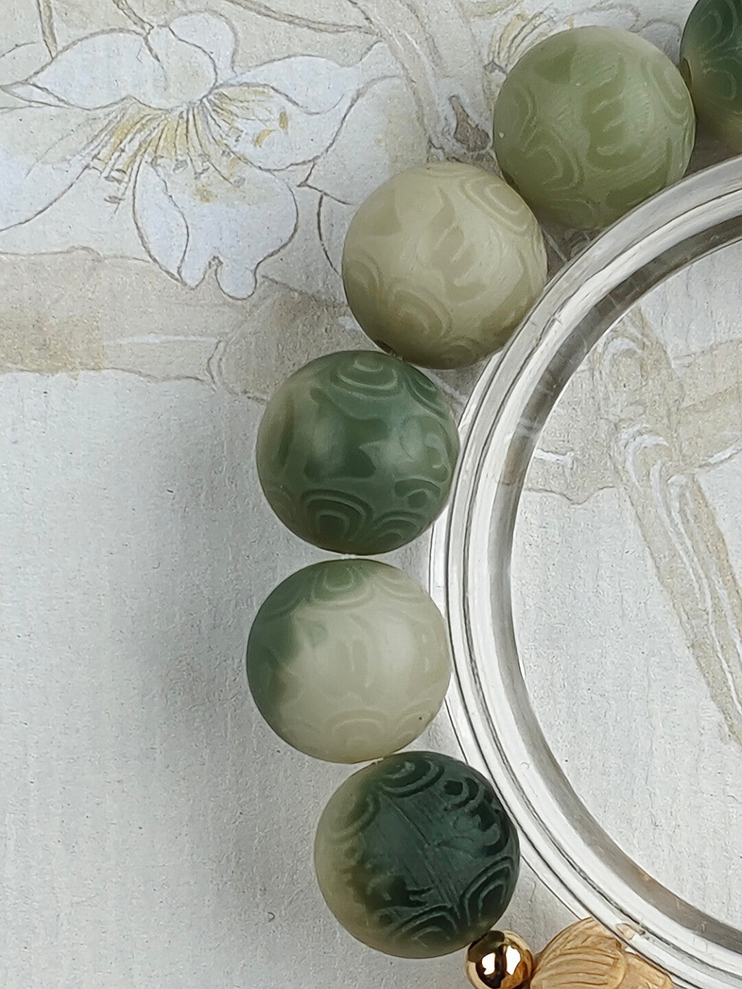 Charcoal Roasted Cat Paw Bodhi Root Bracelet | Green Floating Flower & Six-Word Mantra | Oil-Infused Caramel Mini Bun Design | Twilight Forest
