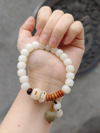 Charcoal Roasted Cat Paw Bodhi Root Bracelet | Green Floating Flower & Six-Word Mantra | Oil-Infused Caramel Mini Bun Design | Twilight Forest