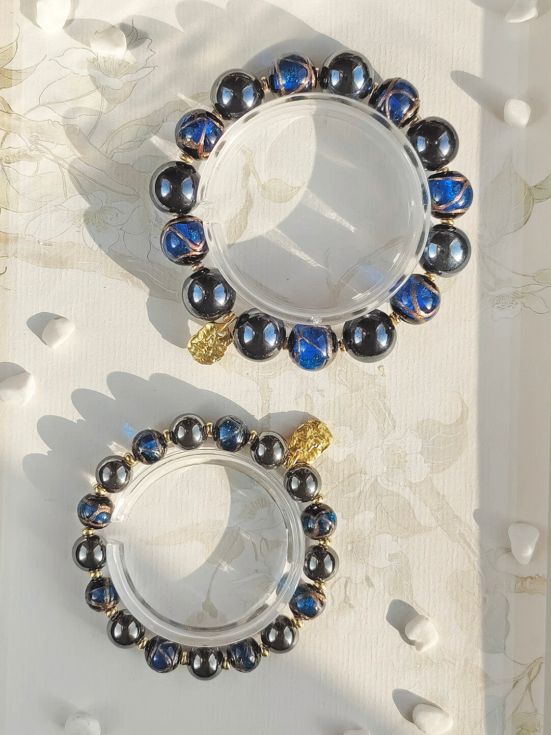 Beijing Temple Style Bracelet | Gold Sand Iridescent Ceramic & Blue Gold Foil Glass | Matte Black Porcelain Beads | Unisex Minimalist Design