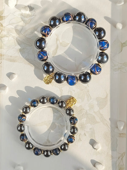 Beijing Temple Style Bracelet | Gold Sand Iridescent Ceramic & Blue Gold Foil Glass | Matte Black Porcelain Beads | Unisex Minimalist Design