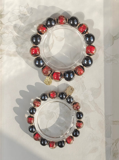 Beijing Temple Style Bracelet | Gold Sand Iridescent Ceramic & Blue Gold Foil Glass | Matte Black Porcelain Beads | Unisex Minimalist Design