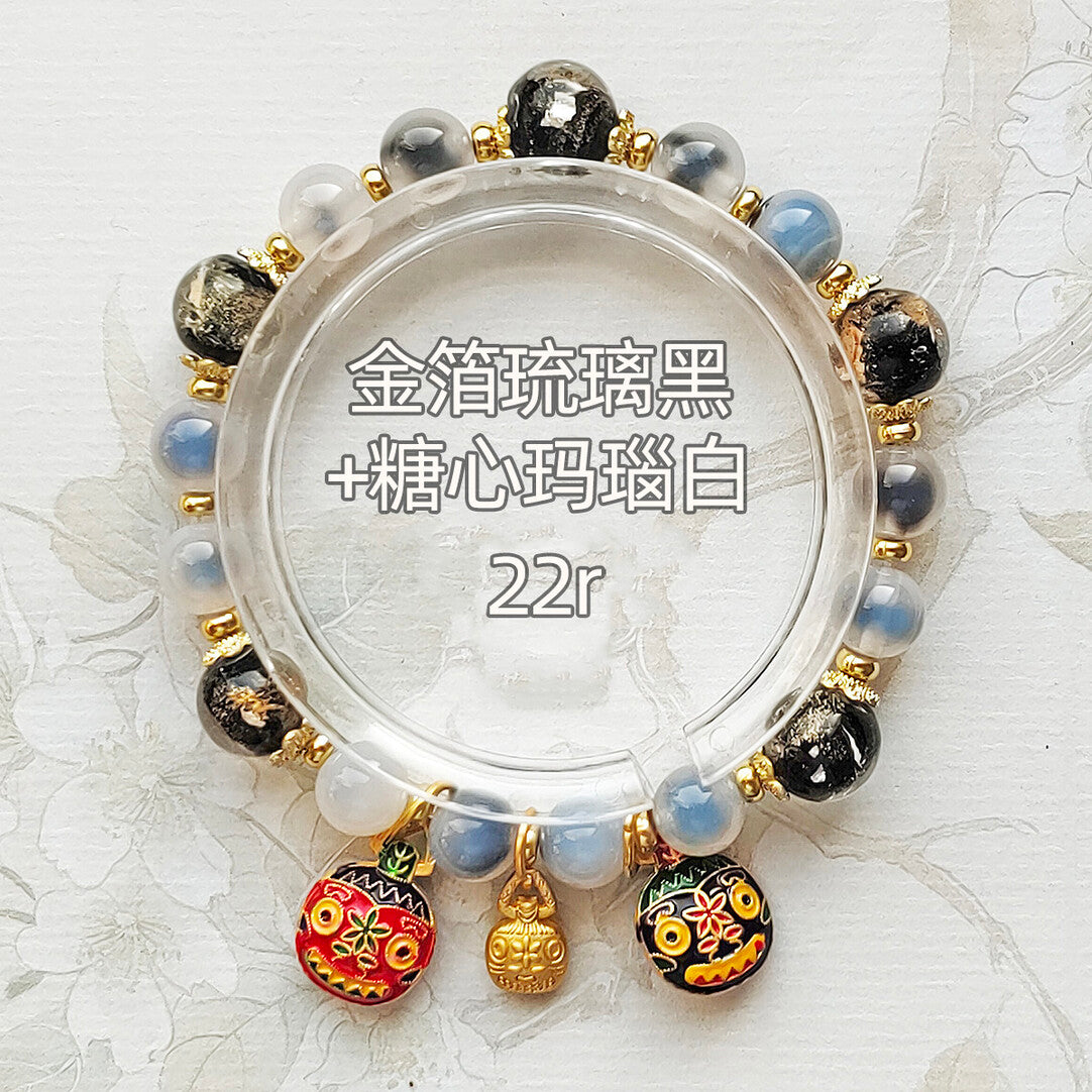 Gold Foil Liuli Glass Luminous Candy Heart Agate Bracelet | Temple Style Semi-Sugar Design | New Chinese Zen Jewelry with Family Charm