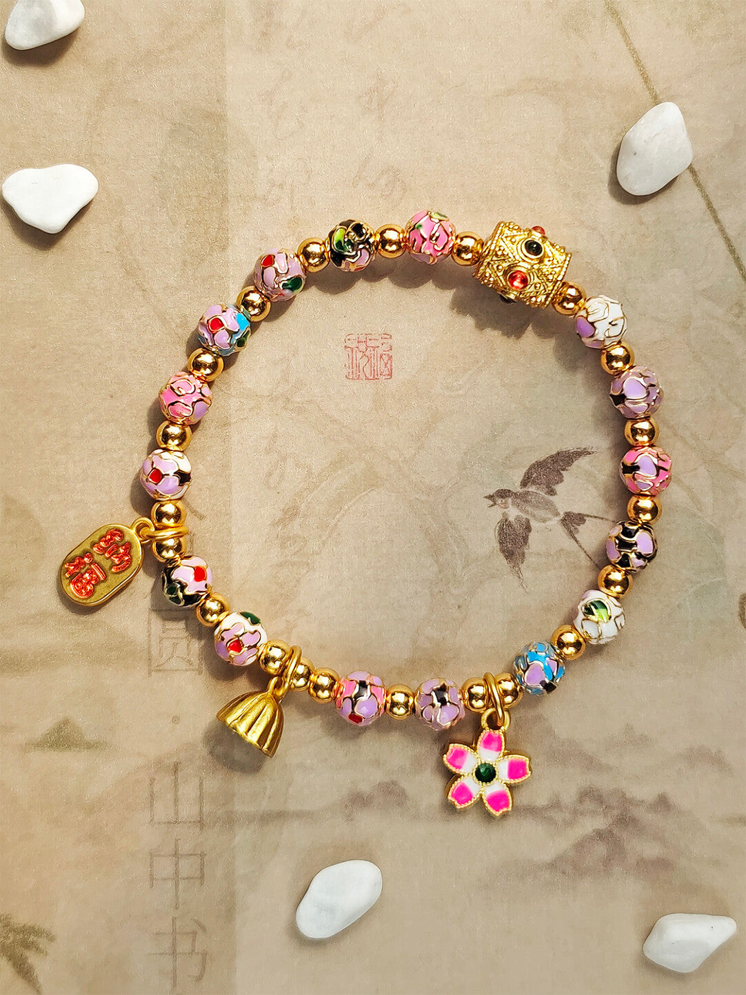 Traditional Beijing Temple Cloisonné Bracelet, 6mm Multicolor "Myriad Flowers" Beads, Copper Base New Chinese Style, Vintage Ethnic Jewelry