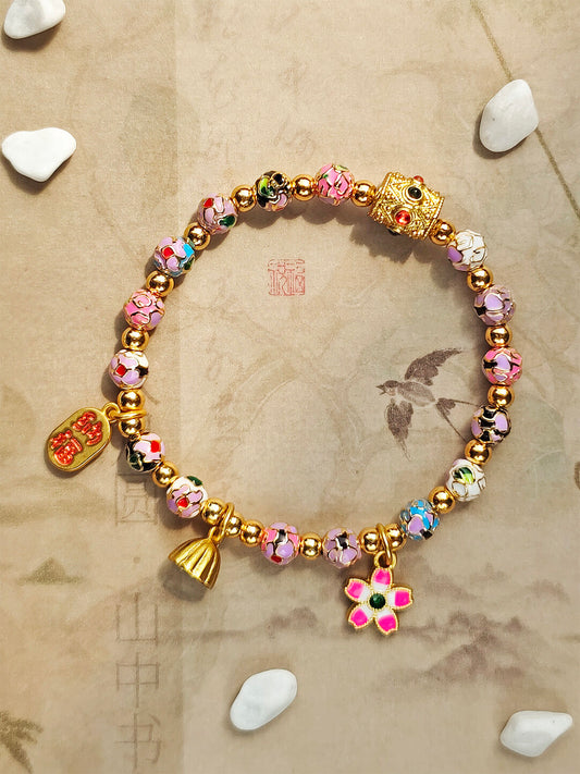 Traditional Beijing Temple Cloisonné Bracelet, 6mm Multicolor "Myriad Flowers" Beads, Copper Base New Chinese Style, Vintage Ethnic Jewelry