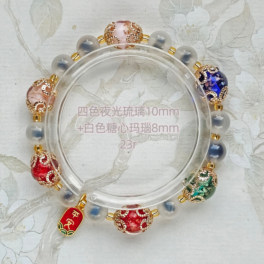 Gold Foil Liuli Glass Luminous Candy Heart Agate Bracelet | Temple Style Semi-Sugar Design | New Chinese Zen Jewelry with Family Charm