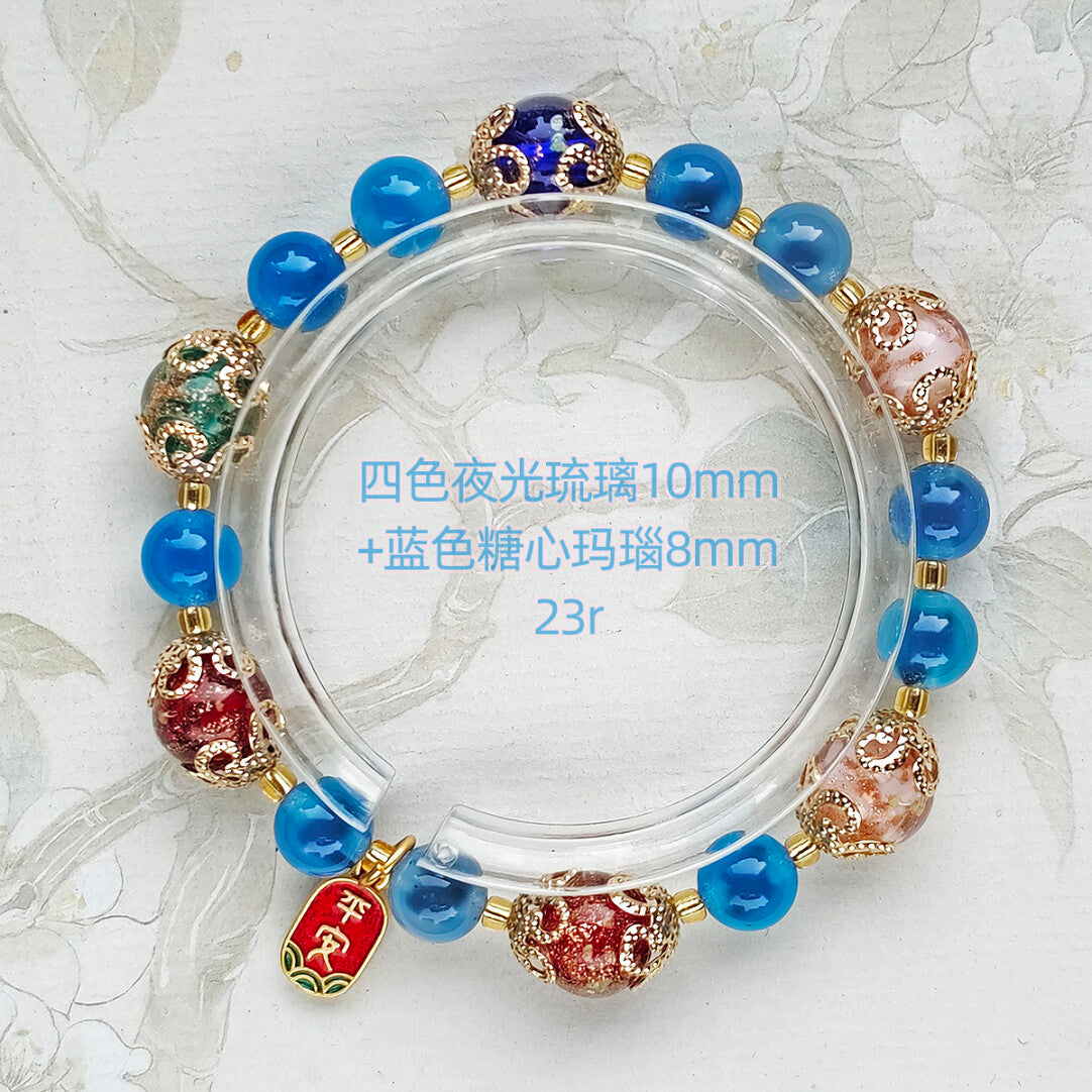 Gold Foil Liuli Glass Luminous Candy Heart Agate Bracelet | Temple Style Semi-Sugar Design | New Chinese Zen Jewelry with Family Charm
