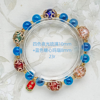 Gold Foil Liuli Glass Luminous Candy Heart Agate Bracelet | Temple Style Semi-Sugar Design | New Chinese Zen Jewelry with Family Charm