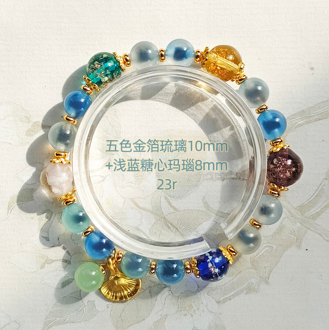 Gold Foil Liuli Glass Luminous Candy Heart Agate Bracelet | Temple Style Semi-Sugar Design | New Chinese Zen Jewelry with Family Charm