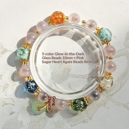 Gold Foil Liuli Glass Luminous Candy Heart Agate Bracelet | Temple Style Semi-Sugar Design | New Chinese Zen Jewelry with Family Charm