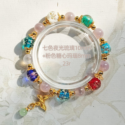 Gold Foil Liuli Glass Luminous Candy Heart Agate Bracelet | Temple Style Semi-Sugar Design | New Chinese Zen Jewelry with Family Charm