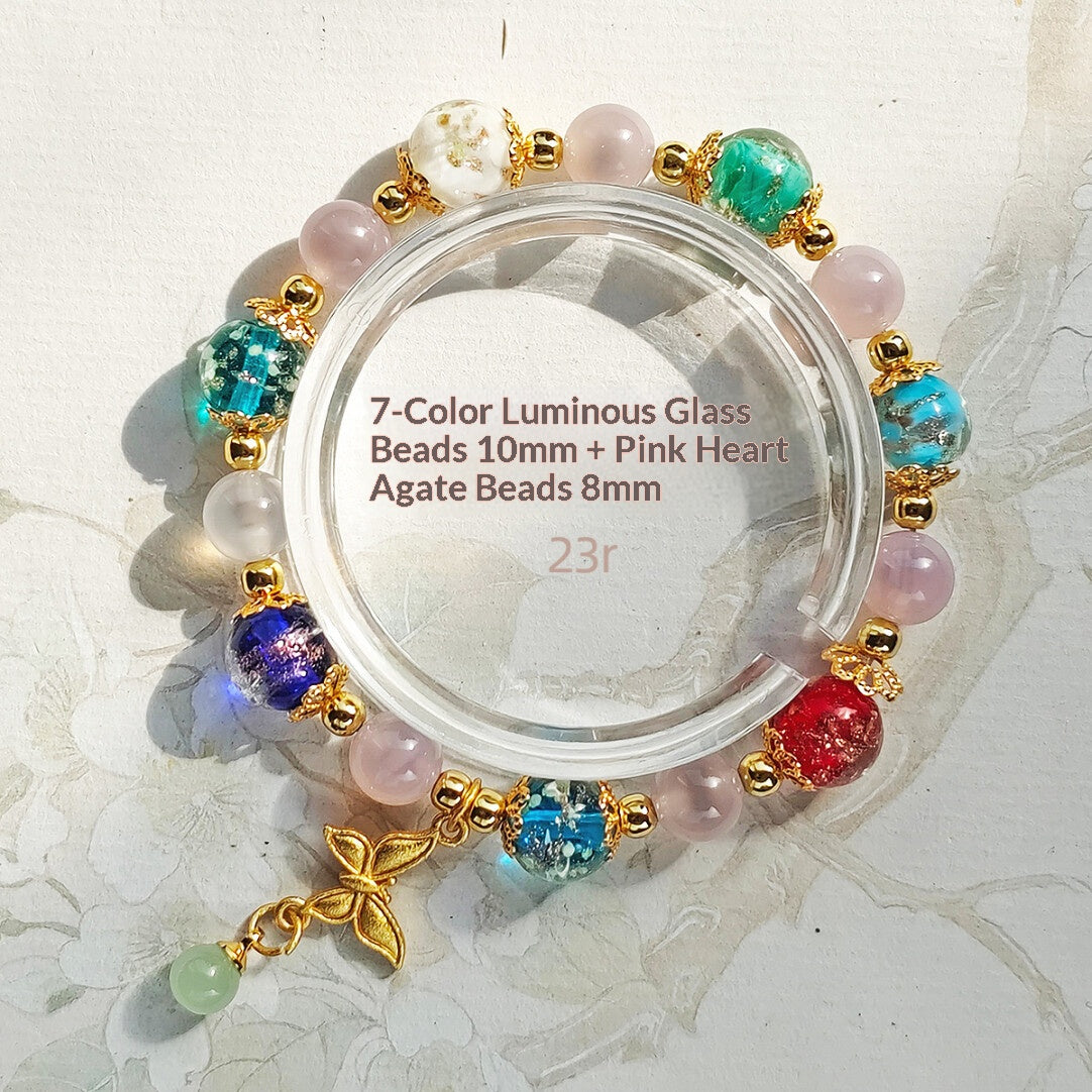 Gold Foil Liuli Glass Luminous Candy Heart Agate Bracelet | Temple Style Semi-Sugar Design | New Chinese Zen Jewelry with Family Charm