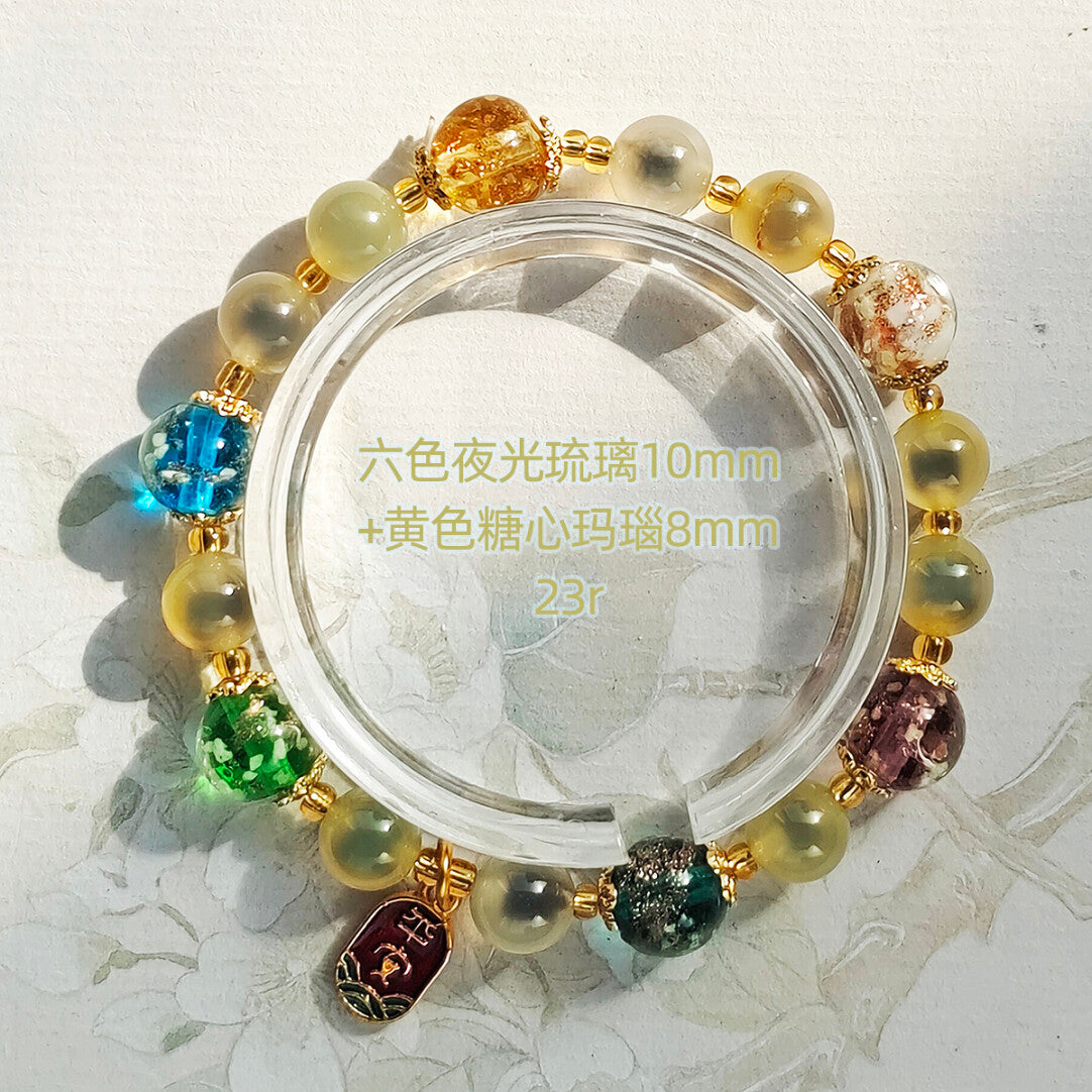 Gold Foil Liuli Glass Luminous Candy Heart Agate Bracelet | Temple Style Semi-Sugar Design | New Chinese Zen Jewelry with Family Charm
