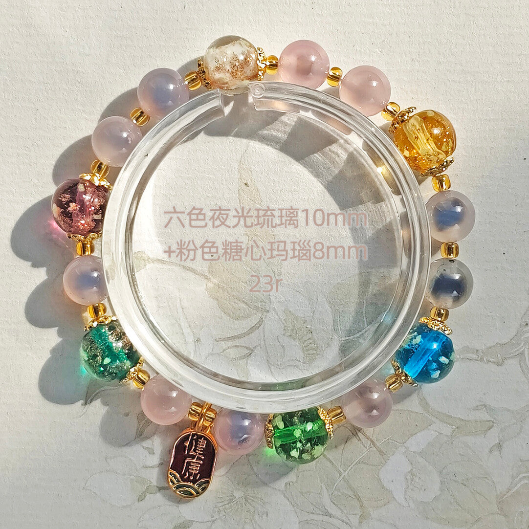 Gold Foil Liuli Glass Luminous Candy Heart Agate Bracelet | Temple Style Semi-Sugar Design | New Chinese Zen Jewelry with Family Charm