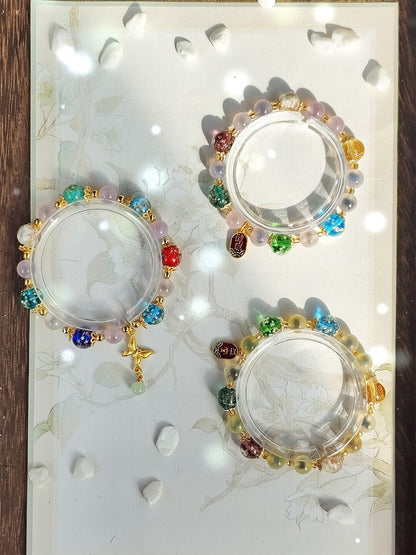 Gold Foil Liuli Glass Luminous Candy Heart Agate Bracelet | Temple Style Semi-Sugar Design | New Chinese Zen Jewelry with Family Charm