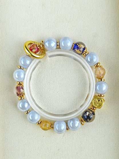 Panjiayuan Bracelet | Four-Color Gold Foil Glass & Light Blue Pearl Ceramic | Awakening Lion & Five Blessings Square Beads | New Chinese Style