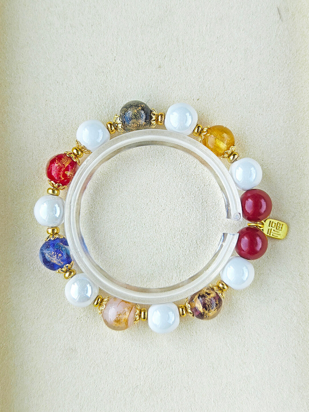 Panjiayuan Bracelet | Four-Color Gold Foil Glass & Light Blue Pearl Ceramic | Awakening Lion & Five Blessings Square Beads | New Chinese Style