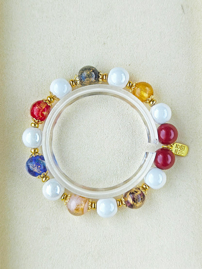 Panjiayuan Bracelet | Four-Color Gold Foil Glass & Light Blue Pearl Ceramic | Awakening Lion & Five Blessings Square Beads | New Chinese Style