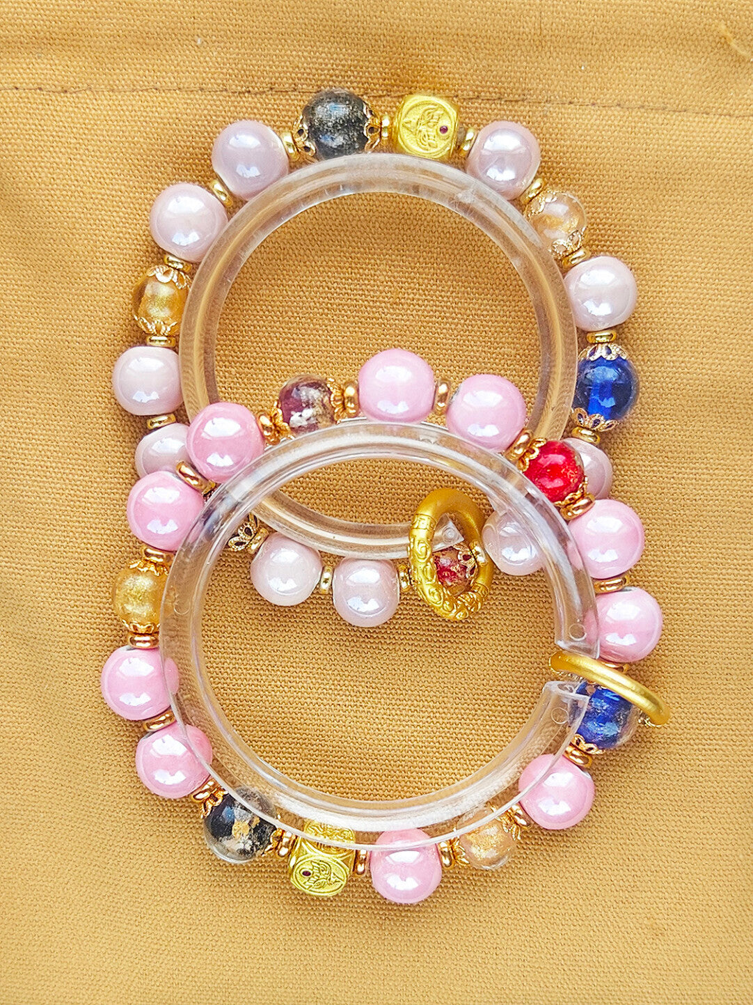 Panjiayuan Bracelet | Four-Color Gold Foil Glass & Light Blue Pearl Ceramic | Awakening Lion & Five Blessings Square Beads | New Chinese Style