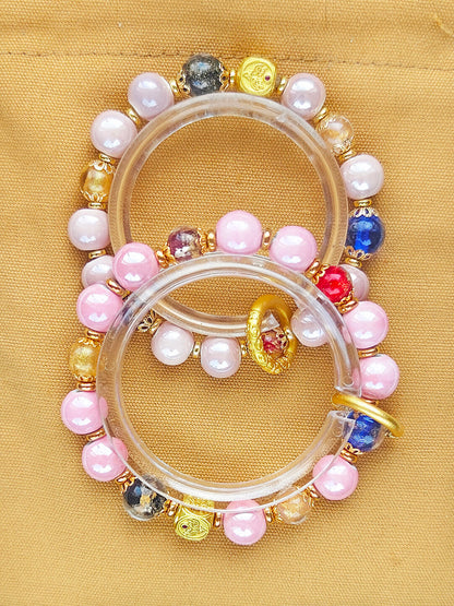 Panjiayuan Bracelet | Four-Color Gold Foil Glass & Light Blue Pearl Ceramic | Awakening Lion & Five Blessings Square Beads | New Chinese Style