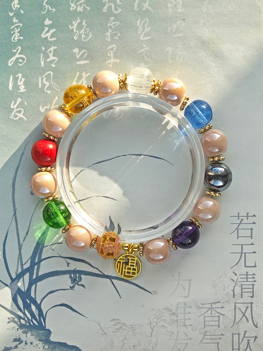 Panjiayuan Bracelet | Four-Color Gold Foil Glass & Light Blue Pearl Ceramic | Awakening Lion & Five Blessings Square Beads | New Chinese Style