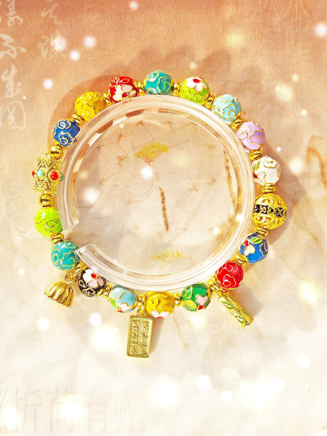 Traditional Beijing Temple Cloisonné Bracelet, 6mm Multicolor "Myriad Flowers" Beads, Copper Base New Chinese Style, Vintage Ethnic Jewelry