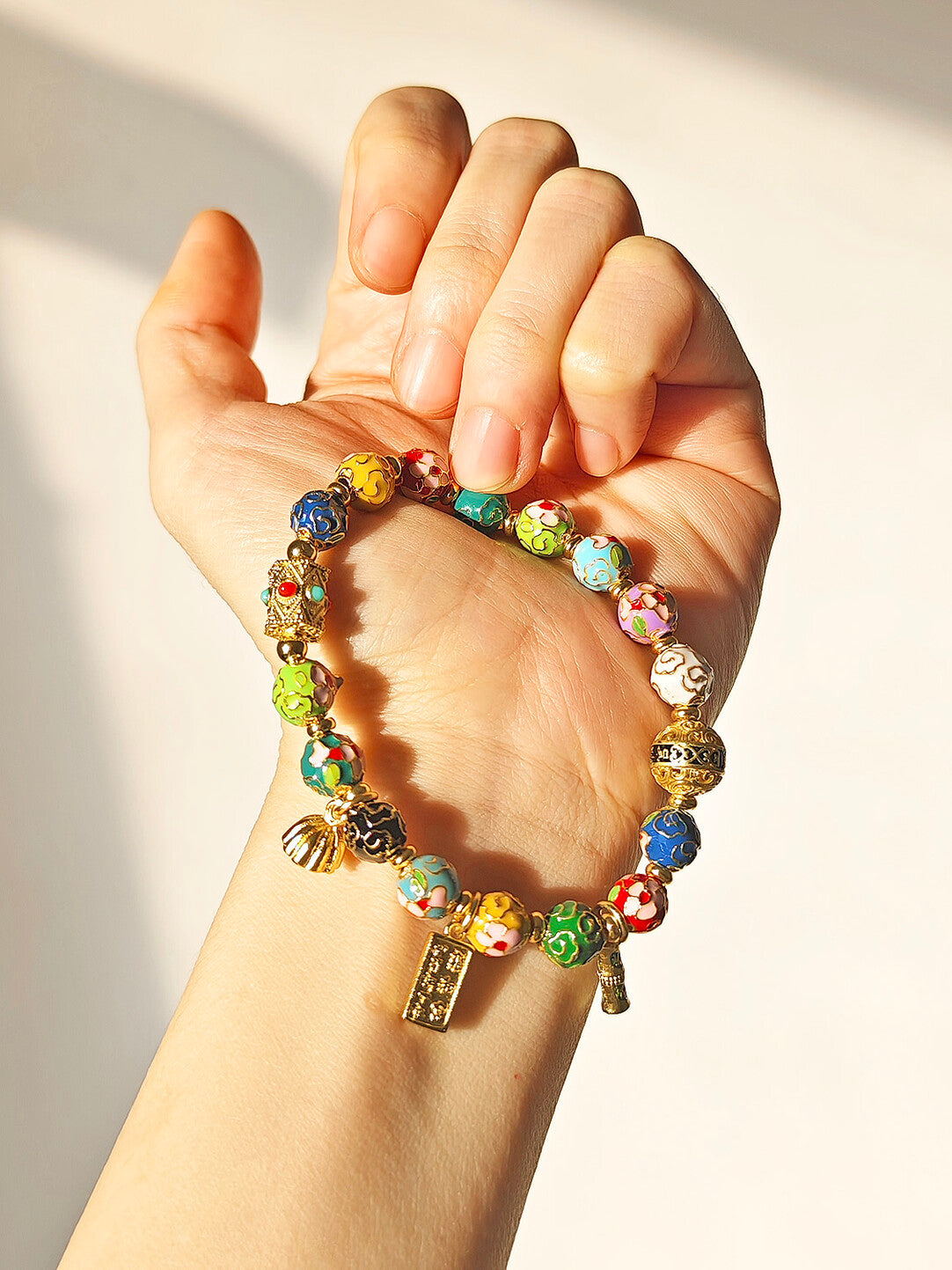 Traditional Beijing Temple Cloisonné Bracelet, 6mm Multicolor "Myriad Flowers" Beads, Copper Base New Chinese Style, Vintage Ethnic Jewelry