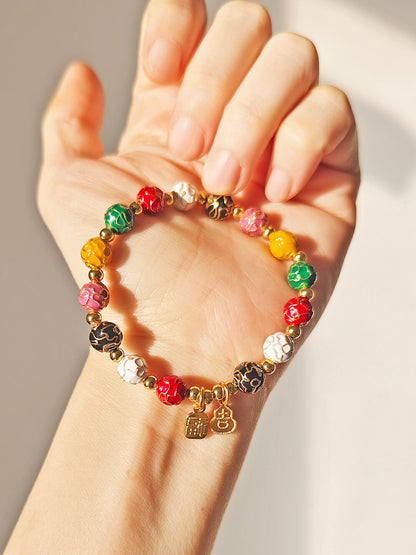 Traditional Beijing Temple Cloisonné Bracelet, 6mm Multicolor "Myriad Flowers" Beads, Copper Base New Chinese Style, Vintage Ethnic Jewelry