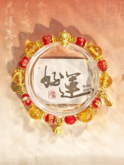Beijing Temple Style Bracelet | Gold Foil Glass Black & Ochre | Five Blessings & Ten Perfections | New Chinese Style
